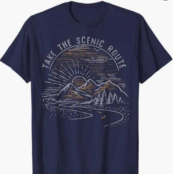Mens Take The Scenic Route Mountain Sunrise Sketch T-Shirt - Mens size Medium - Picture 1 of 2